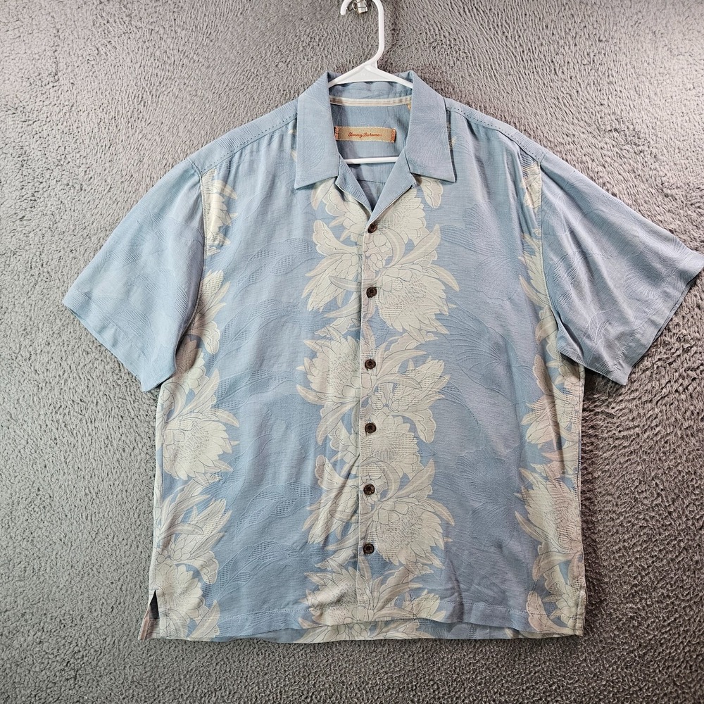 Tommy Bahama 100% Silk Summer Shirt Men Large Floral Short‎ Sleeve Light Blue